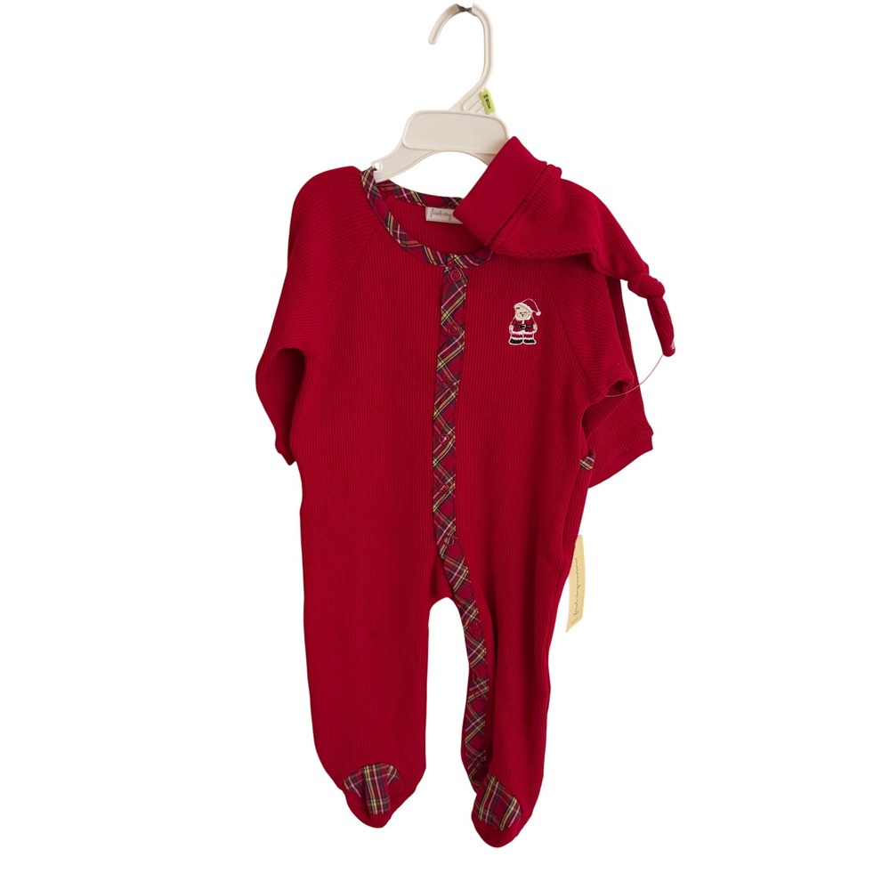 NWT First Impressions Baby Christmas Sleeper Hat Set Red Plaid Santa 3-6 months
